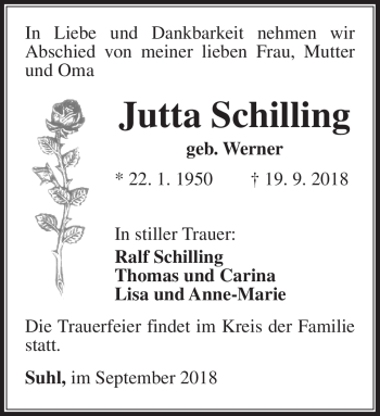 Traueranzeige von Jutta Schilling von Südthüringer Presse
