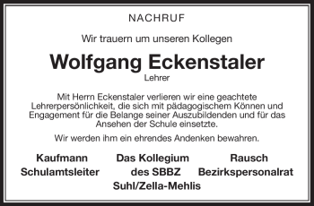Traueranzeige von Wolfgang Eckenstaler von Südthüringer Presse