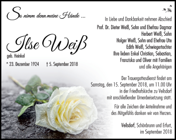 Traueranzeige von Ilse Weiß von Südthüringer Presse