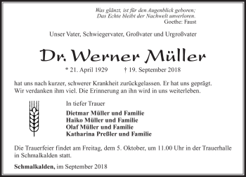 Traueranzeige von Werner Müller von Südthüringer Presse