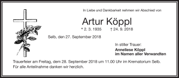 Traueranzeige von Artur Köppl von Frankenpost