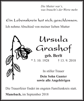 Traueranzeige von Ursula Grashof von Südthüringer Presse