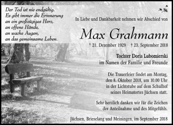 Traueranzeige von Max Grahmann von Südthüringer Presse