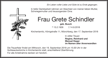 Traueranzeige von Grete Schindler von Frankenpost