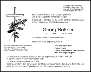 Traueranzeige von Georg Roßner von Frankenpost