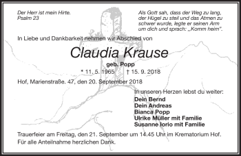 Traueranzeige von Claudia Krause von Frankenpost