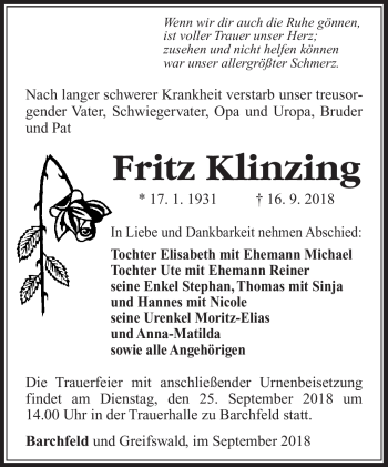 Traueranzeige von Fritz Klinzing von Südthüringer Presse