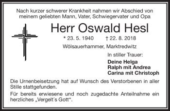 Traueranzeige von Oswald Hesl von Frankenpost