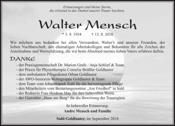 Traueranzeige von Walter Mensch von Südthüringer Presse