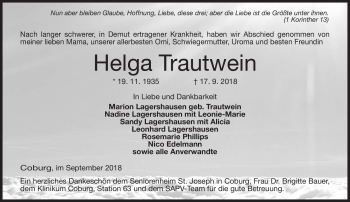 Traueranzeige von Helga Trautwein von Neue Presse Coburg