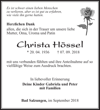 Traueranzeige von Christa Hössel von Südthüringer Presse