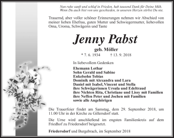 Traueranzeige von Jenny Pabst von Südthüringer Presse