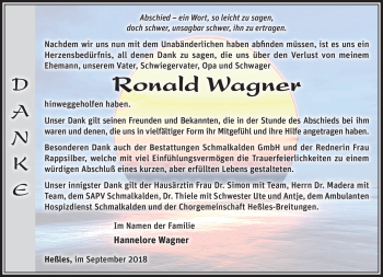 Traueranzeige von Ronald Wagner von Südthüringer Presse