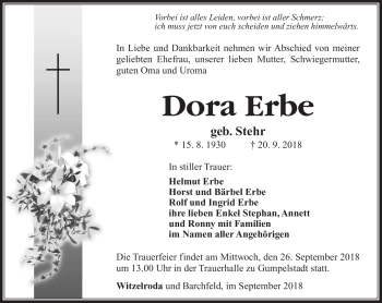 Traueranzeige von Dora Erbe von Südthüringer Presse