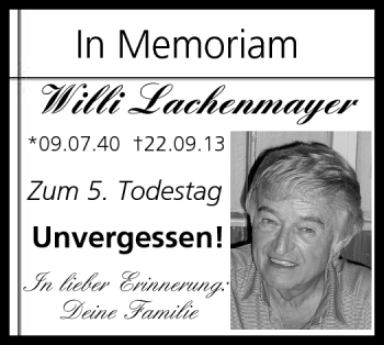 Traueranzeige von Willi Lachenmayer von Neue Presse Coburg