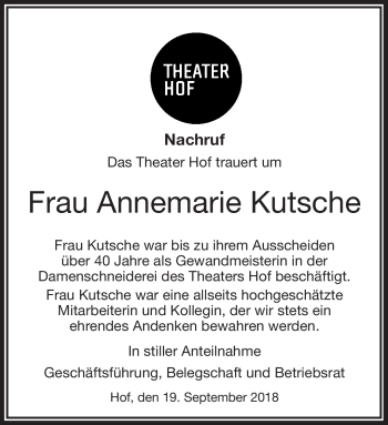 Traueranzeige von Annemarie Kutsche von Frankenpost