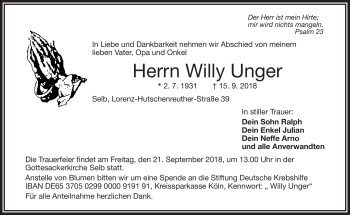 Traueranzeige von Willy Unger von Frankenpost