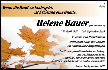 Traueranzeige von Helene Bauer von Südthüringer Presse
