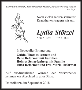 Traueranzeige von Lydia Stötzel von Südthüringer Presse