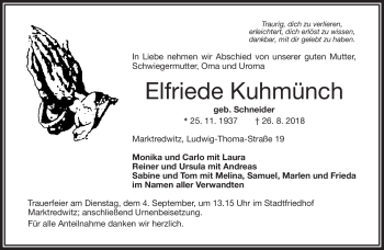 Traueranzeige von Elfriede Kuhmünch von Frankenpost