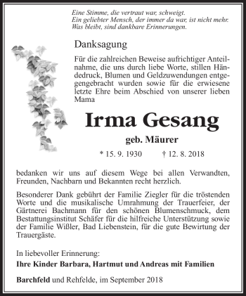 Traueranzeige von Irma Gesang von Südthüringer Presse
