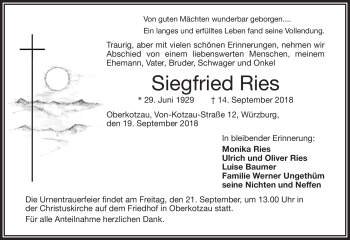 Traueranzeige von Siegfried Ries von Frankenpost