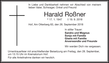 Traueranzeige von Harald Roßner von Frankenpost