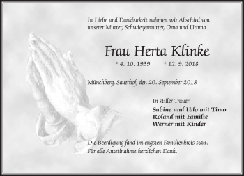 Traueranzeige von Herta Klinke von Frankenpost