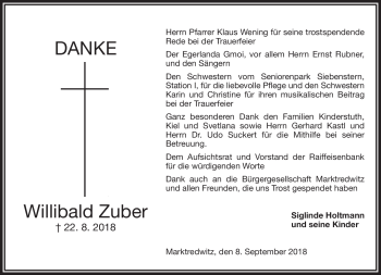 Traueranzeige von Willibald Zuber von Frankenpost
