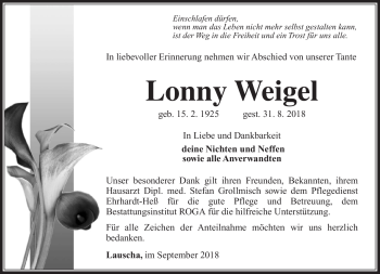 Traueranzeige von Lonny Weigel von Südthüringer Presse