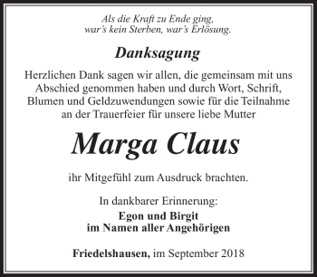 Traueranzeige von Marga Claus von Südthüringer Presse