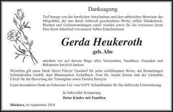 Traueranzeige von Gerda Heukeroth von Südthüringer Presse