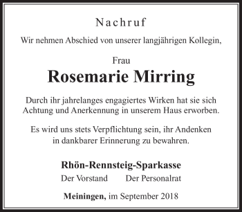 Traueranzeige von Rosemarie Mirring von Südthüringer Presse