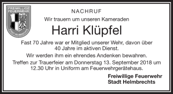 Traueranzeige von Harri Klüpfel von Frankenpost