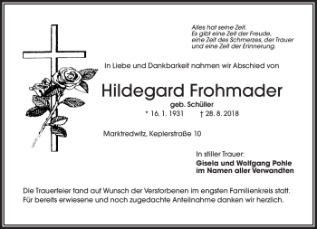 Traueranzeige von Hildegard Frohmader von Frankenpost