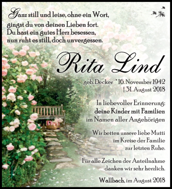 Traueranzeige von Rita Lind von Südthüringer Presse