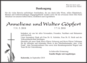 Traueranzeige von Anneliese und Walter Göpfert von Südthüringer Presse