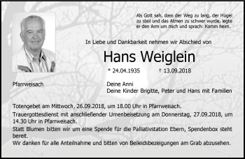 Traueranzeige von Hans Weiglein von Neue Presse Coburg