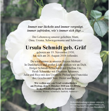 Traueranzeige von Ursula Schmidt von Südthüringer Presse