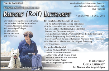 Traueranzeige von Rudolf Luthardt von Südthüringer Presse