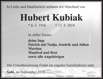 Traueranzeige von Hubert Kubiak von Südthüringer Presse