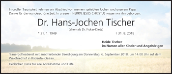 Traueranzeige von Dr. Hans -Jochen Tischer von Neue Presse Coburg