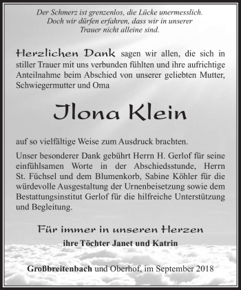 Traueranzeige von Ilona Klein von Südthüringer Presse
