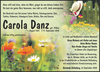 Traueranzeige von Carola Danz von Südthüringer Presse