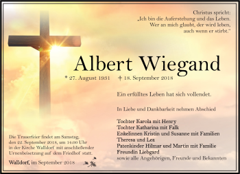 Traueranzeige von Albert Wiegand von Südthüringer Presse