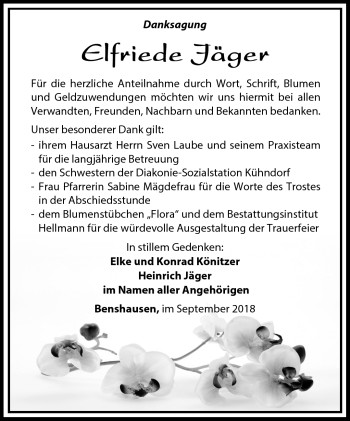 Traueranzeige von Elfriede Jäger von Südthüringer Presse