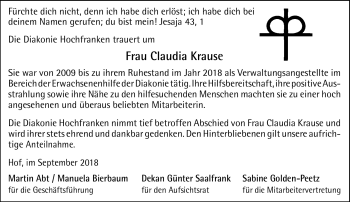 Traueranzeige von Claudia Krause von Frankenpost