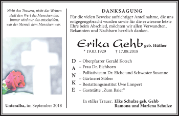Traueranzeige von Erika Gehb von Südthüringer Presse