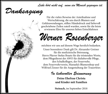 Traueranzeige von werner Rosenberger von Südthüringer Presse