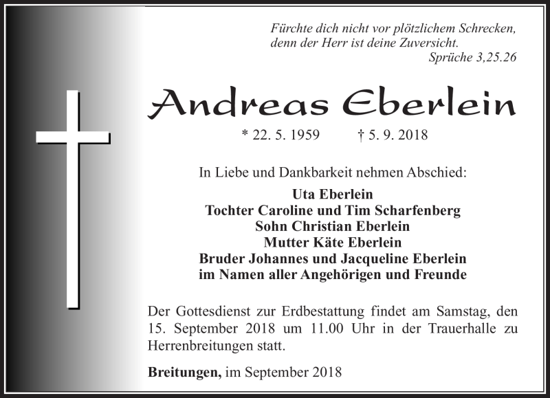  Traueranzeige für Andreas Eberlein vom 12.09.2018 aus Südthüringer Presse